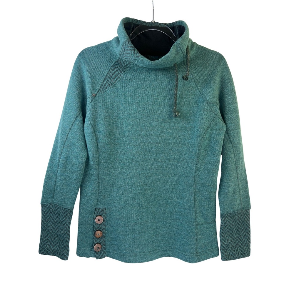 Prana Lucia Sweater Deep Balsam Green Wool Blend Cowl Neck Button Hem Small